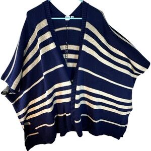 Gap Striped Open Front Shrug Wool Camel Hair Blend Blue Cream One Size